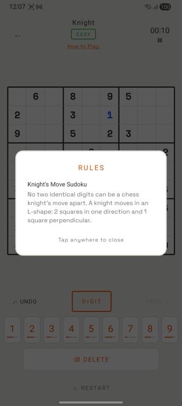 Rules modal explaining Knight's Move constraint
