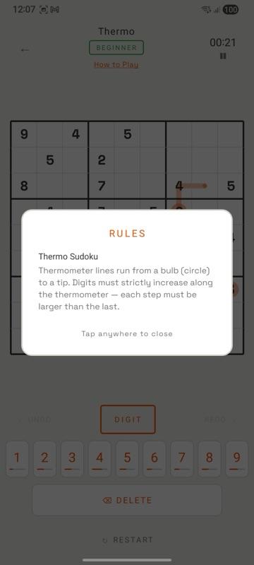 Rules modal explaining Thermo Sudoku constraint