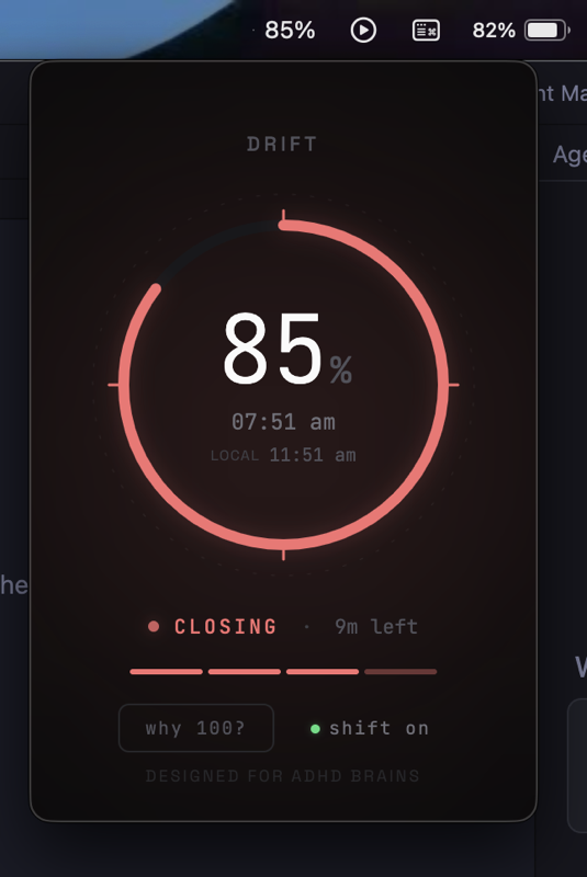 Drift at 85%, closing phase with red progress ring and 9 minutes remaining