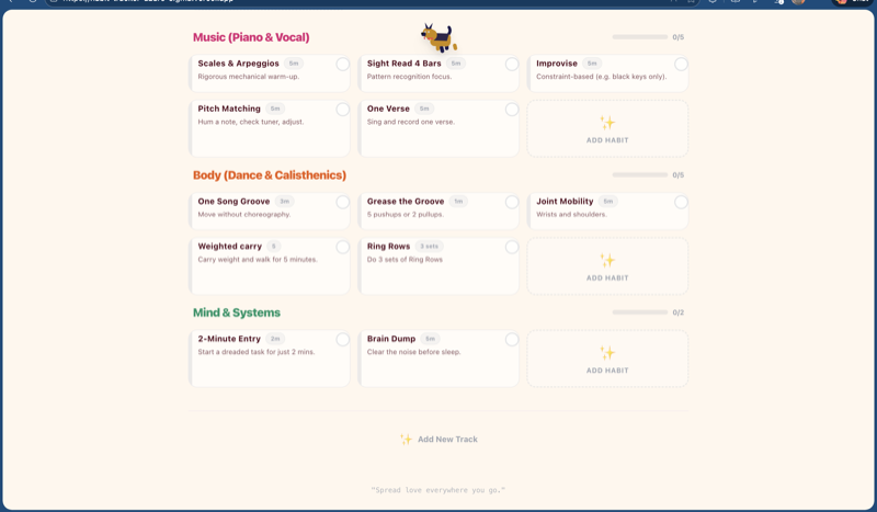Body, Dance, and Mind tracks with the Add New Track option and daily footer